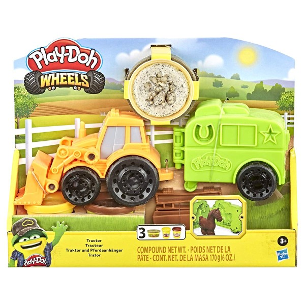 Hasbro F1012 - Play-Doh - Wheels - Spielset, Traktor mit Pferdeanhänger mit 3 Dosen Knete
