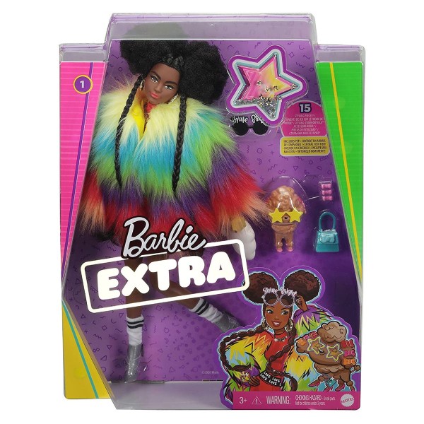 Mattel GVR04 - Barbie - Extra - Puppe mit Regenbogen-Mantel und Pudel