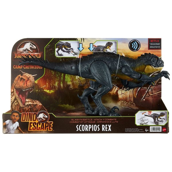 Mattel HBT41 - Jurassic World - Camp Creataceous - Slash´n Battle Dino, Scorpios Rex mit Sound