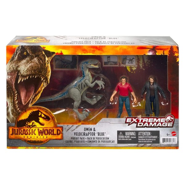 Mattel GWN25 - Jurassic World - Extreme Damage - Owen & Velociraptor 'Blue', Spielfiguren Set, 3er-P