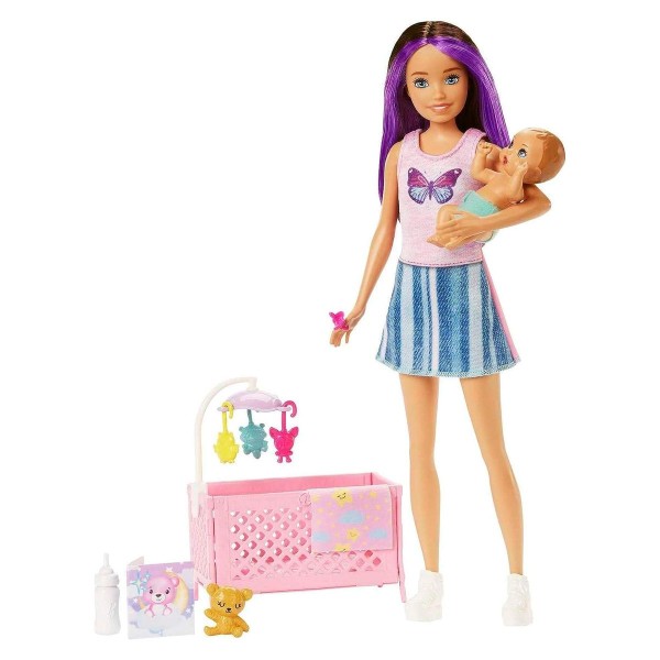 Mattel HJY33 - Barbie Skipper Babysitters Inc. - Puppe mit Gitterbett, Baby & Zubehör Spielset