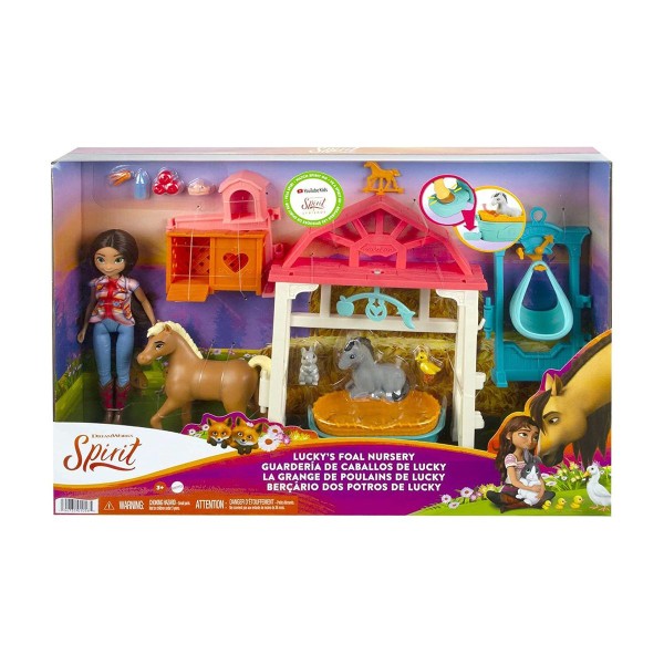 Mattel HCH37 - DreamWorks - Spirit - Spielset, Puppe mit Zubehör, Luckys Tierbaby-Pflegestation