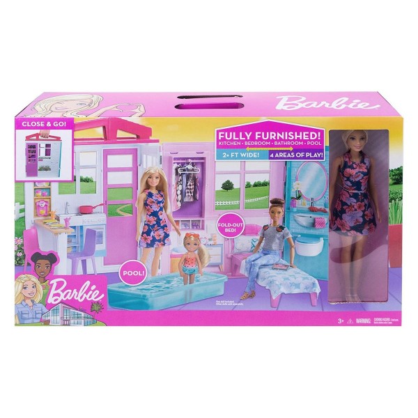 Mattel FXG55 2.Wahl - Barbie - Ferienhaus, Puppe mit Möbel und Zubehör