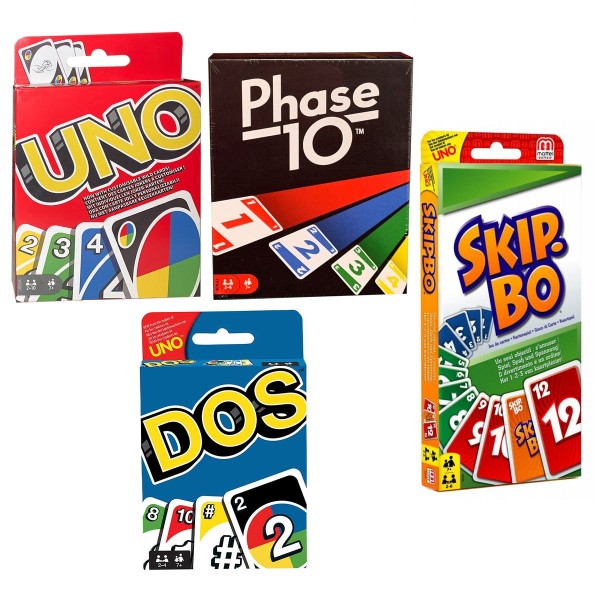 SPAR-SET 169882 - Mattel - 4er Set Kartenspiele: UNO, Skip Bo, Phase 10 und DOS