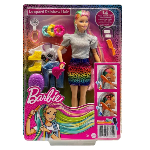 Mattel GRN81 - Barbie - Puppe, 16 Zubehörteile, Leoparden Regenbogen-Haar