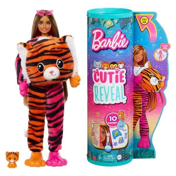 Mattel HKP99 - Barbie - Cutie Reveal - Puppe mit 10 Überraschungen, Jungle Serie Tiger