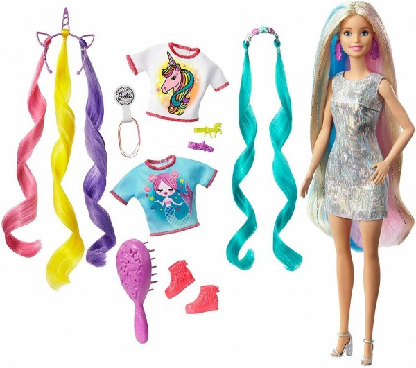 Mattel GHN04 - Barbie - Puppe, Einhorn- und Meerjungfrau-Look, Fantasie-Haar