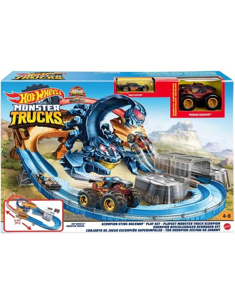 Mattel GNB05 - Hot Wheels - Monster Trucks - Skorpion-Beschleuniger Rennbahn mit zwei Fahrzeugen