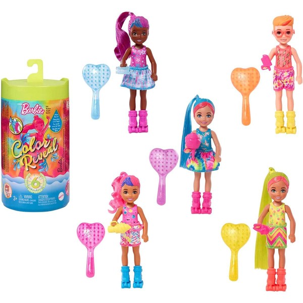 Mattel HCC90 sort. - Barbie - Chelsea - Color Reveal - Puppe mit Überraschungs-Zubehör, Neon Batik S