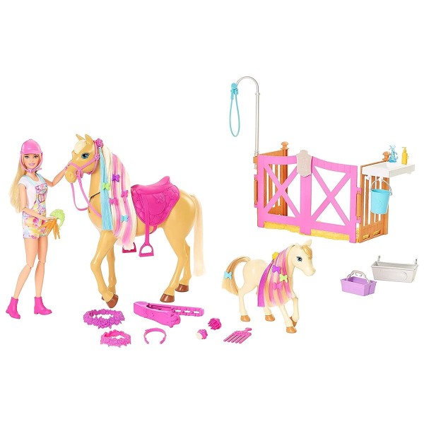 Mattel HGB58 - Barbie - Spielset, Puppe mit Pferden und Zubehör, Frisierspaß