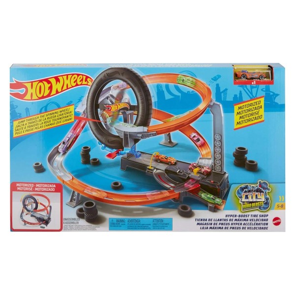 Mattel GJL16 - Hot Wheels - City - Spielset mit einem Fahrzeug, Hyper-Boost Tire Shop