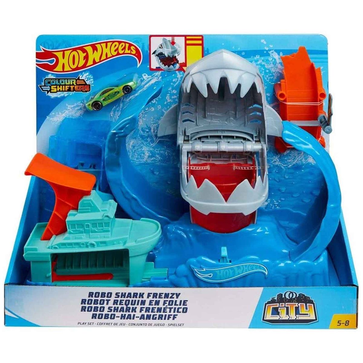 Fahrzeug, einem Robo-Hai-Angriff - | Hot Color Mattel City mit Shifters - Spielwaren Rappelkiste Rennbahn, - - Spielset Wheels GJL12