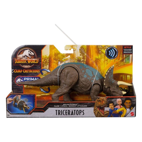 Mattel GVH66 - Jurassic World - Camp Creataceous - Spielfigur mit Sound, Brüllgeräusche, Triceratops