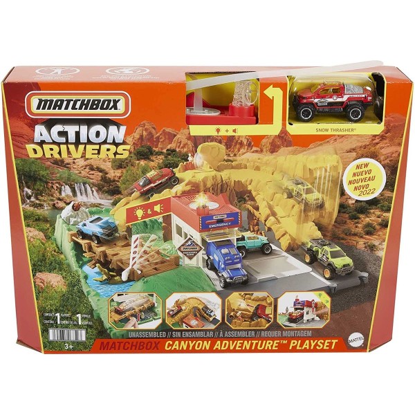 Mattel HHH32 - Matchbox - Action Drivers - Canyon Abenteuer Spielset mit Licht, Fahrzeug 1:64