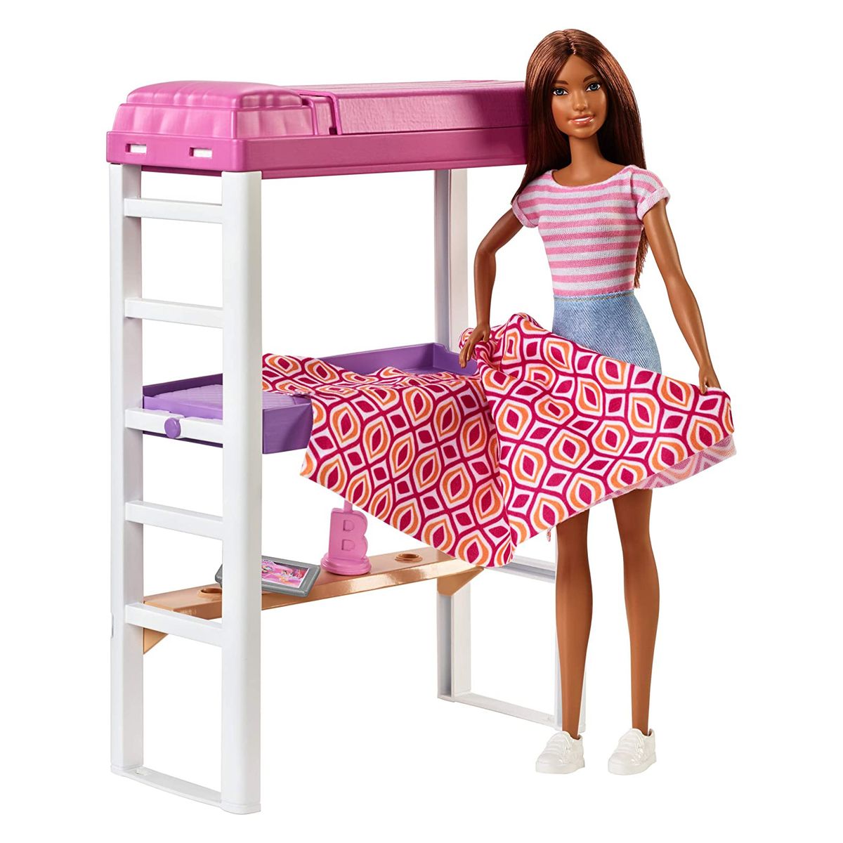 Mattel FXG52 Barbie Deluxe Set Möbel Hochbett Schreibtisch und Puppe Spielpuppe 