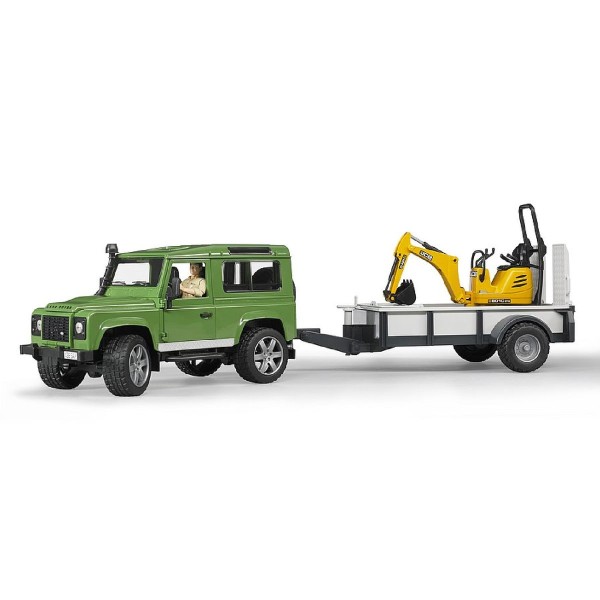 Bruder 02593 - Land Rover Defender mit Einachsenanhänger, Bagger & Bauarbeiter; Maßstab 1:16