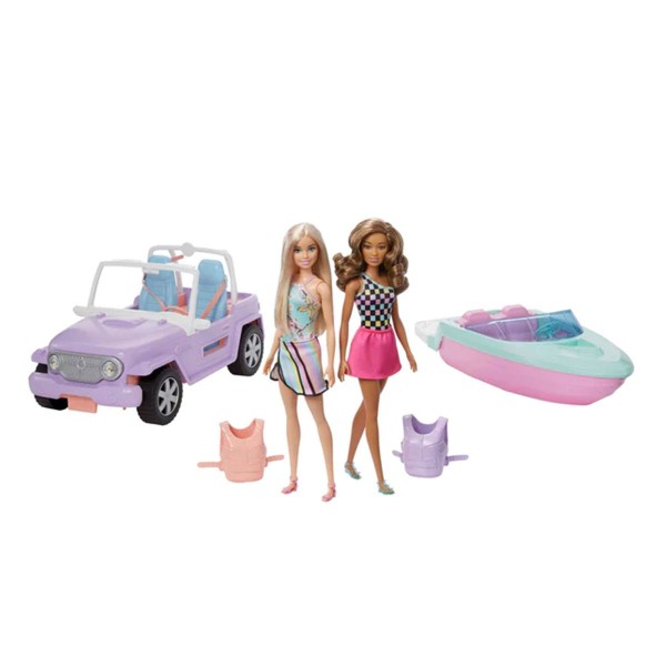 Mattel GXD66 - Barbie - Geschenkset mit 2 Puppen, Boot & Jeep