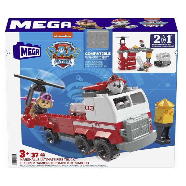 Mattel HHN05 - Paw Patrol - Mega Bloks - 2-in-1 Bauset, 37 Teile, Feuerwehrauto mit Marshall & Skye