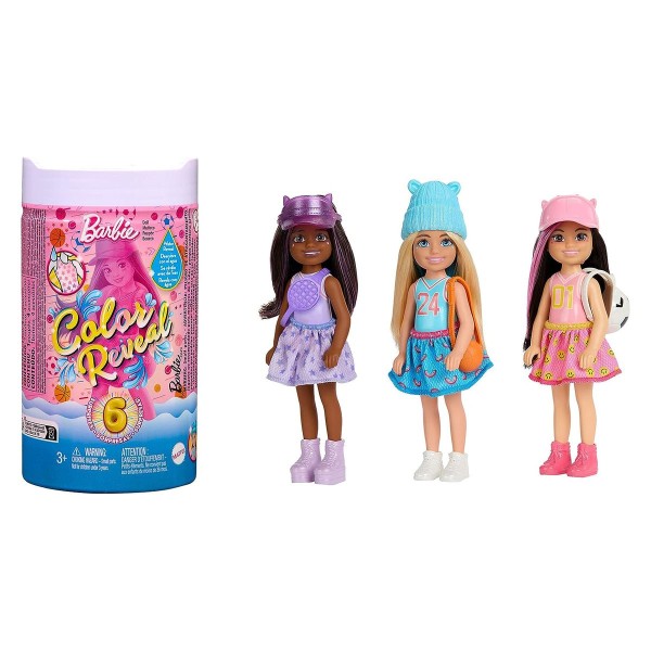Mattel HKT85 sort. - Barbie Chelsea - Color Reveal - Puppe mit 6 Überraschungen, Sporty Serie, mehrf