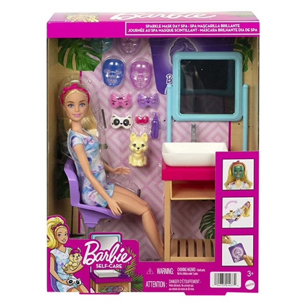 Mattel HCM82 - Barbie - Spielset, Puppe mit Zubehör, Glitzermaske, Spa-Tag