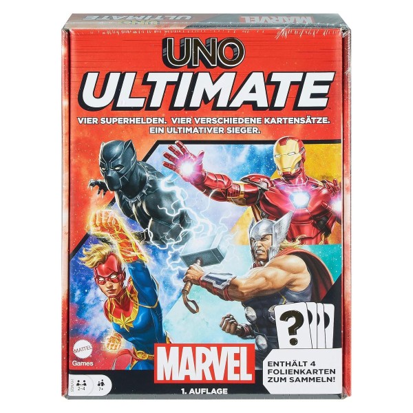 Mattel HVM25 - UNO Ultimate - Marvel - Kartenspiel mit 4 Folienkarten